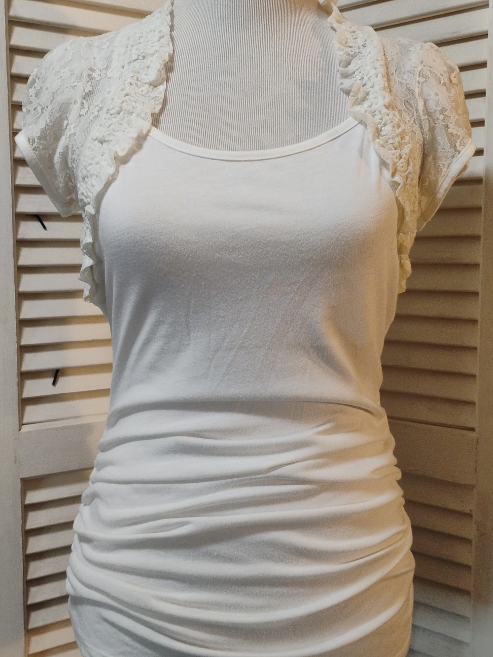 Vintage Coquette Attached Cream Lace Shrug Ruched White Tank Top